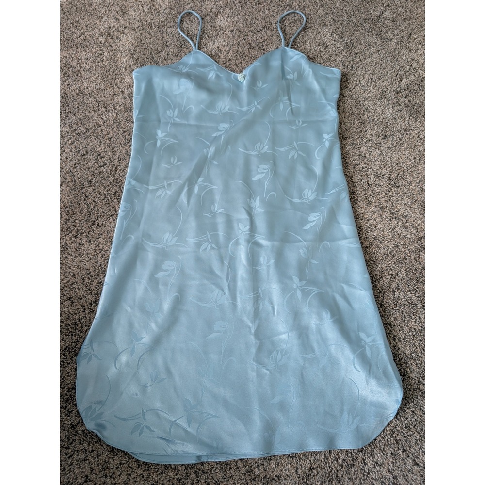 Marie Ellyse Light Blue Floral Jacquard Satin‎ Slip Nightgown Rosette Small